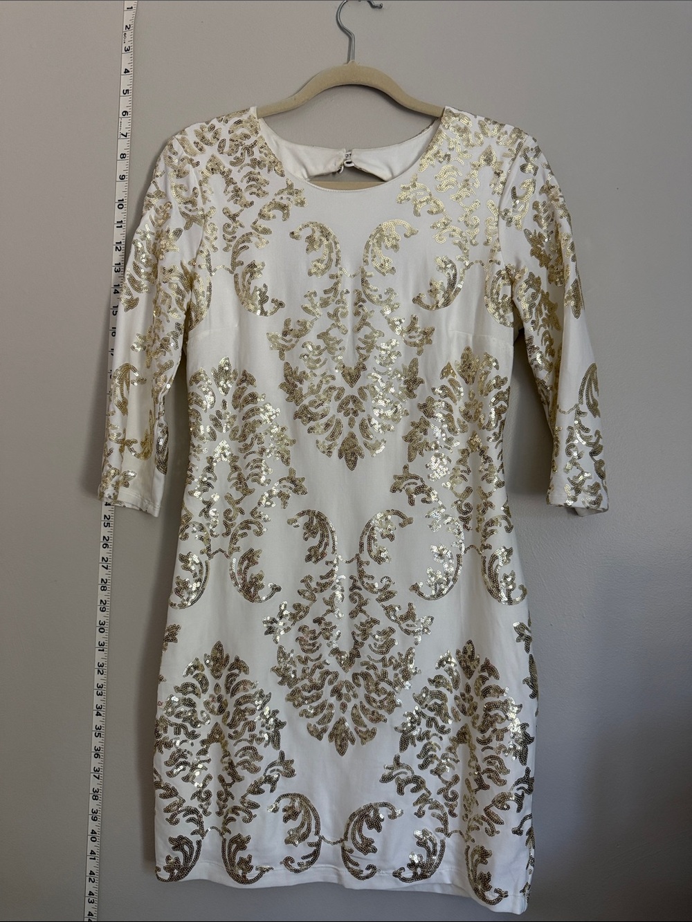 B Darlin White Mini Dress with Gold Sequin Damask